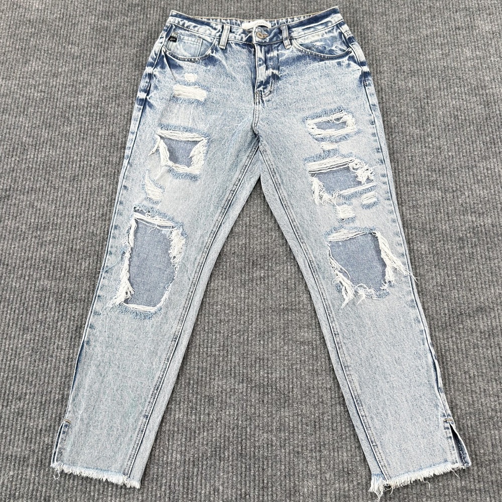 KanCan Mom Jeans Womens‎ 3/25 Blue Acid Wash High Rise Distressed Raw Hem Slit